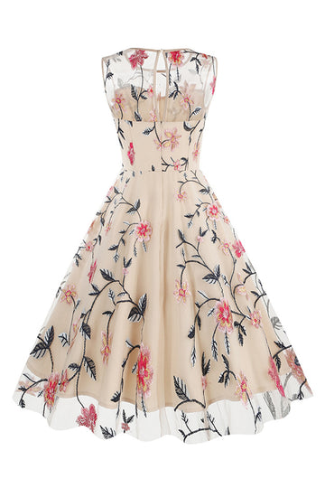 Elegante vestido midi sin mangas bordado floral color albaricoque